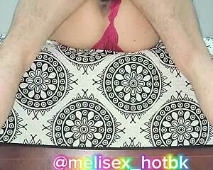 milf in red lingerie shows off natural tits