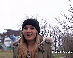 brunette euro babe bangs outdoor pov