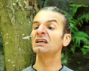 Shameless bastard enjoys blowjob and facial from redhead MILF outdoors.