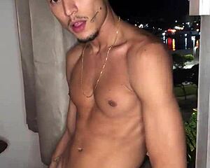 naughty boy jerks off at window