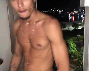 naughty boy jerks off at window