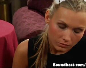 blonde maid cleans feet and kisses pussy