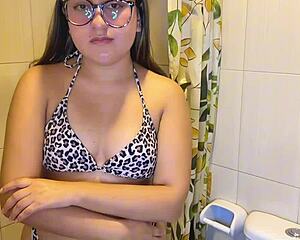 Spying stepbrother catches Latina in bath, leaves her ass covered in cum.