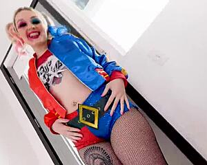 Wow, Arielle Aquinas as Harley Quinn sucking huge cock and swallowing cum!