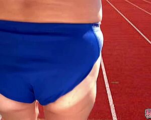 impersonating track athlete, sly slut masturbates secretly with handjob orgasm at school