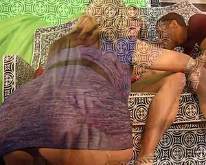 Two slut big tits mom fucking by a big cock in fishnets heels on bed anal