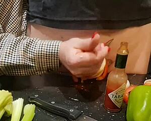 i can’t believe this extreme torment in kitchen! cooking cock with cucumber insertion hurts.