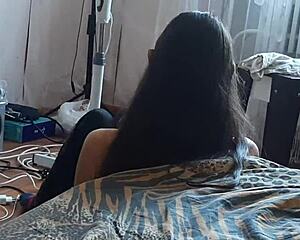 my stepsister sits near the fan and reads a book and i jerk off my big clit behind her back - lesbian illusion girls