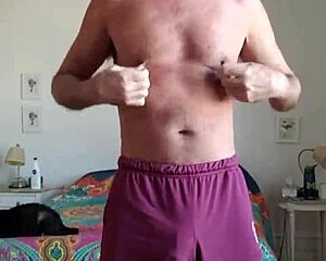 Pervy daddy rubs boner in shorts during snowy winter