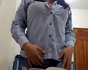 excited secretary touches herself in office