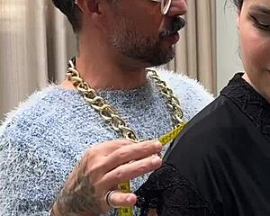 husband watches wife with the stylist