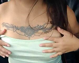 Latina shows panties and tits in car on highway