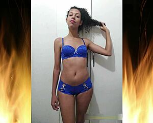 beautiful brunette flashes in blue lingerie trailer