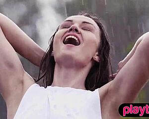 Petite milf strips in rain, revealing bubble butt.