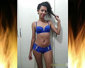 beautiful brunette flashes in blue lingerie trailer