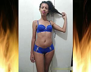 beautiful brunette flashes in blue lingerie trailer