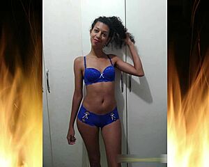 beautiful brunette flashes in blue lingerie trailer