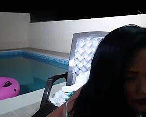 maxine x can't stop touching her asian pussy by the pool at night