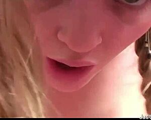 pigtailed brunette plays with big tits