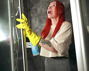 Hey, cleaning the shower, but now we're fucking hard here, bent over and rough with cum all over.