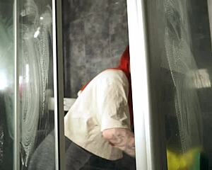 Hey, cleaning the shower, but now we're fucking hard here, bent over and rough with cum all over.