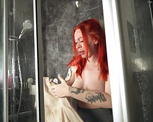 Hey, cleaning the shower, but now we're fucking hard here, bent over and rough with cum all over.