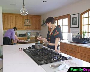 Old man fucks daring stepdaughter and wife in kitchen!