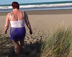 Kiwi trashy milf walks in see through clothes at beach before creampie fucking in public trailer