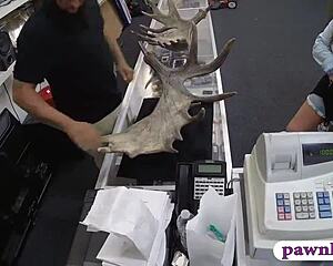 couple lesbians pounded by pawn keeper in storage room