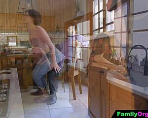 Old man fucks daring stepdaughter and wife in kitchen!
