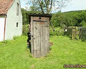 jizzed on babe takes outdoor piss in glamour setting