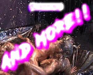 Two glamorous ladies wrestle in the mud, getting all messy and slippery.