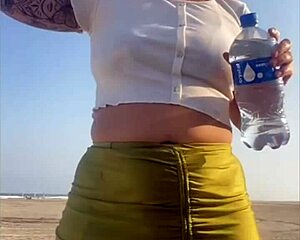 Redhead Exhibitionist Flashes Big Pussy on Beach for Suck