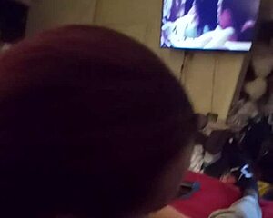 wife gives deepthroat blowjob to friend