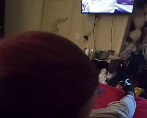 wife gives deepthroat blowjob to friend