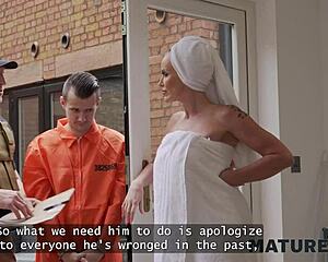 Mature4K blonde cougar says, 'want a deep throat for being kind?' to the robber