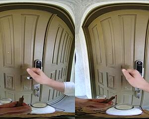 Blonde slut cheats on husband with local milkman in vr porn, riding and cumming hard