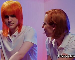 Shemales fuck blonde in massage parlor in threesome