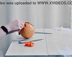 i trick or treat with sexy ghostface carving pumpkin erotically