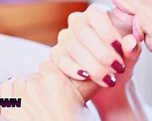 Intense close-up blowjob from latina in bedroom, swallowing cum.