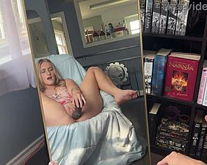 Horny nerd watches her pussy get creamy playing with a bbc 😏