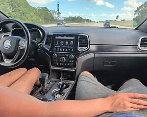 Messy Handjob With Huge Cumshot While Driving