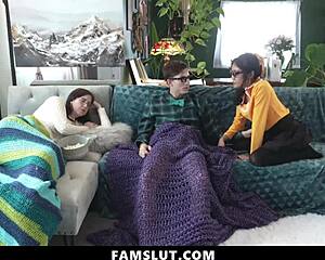 Petite Asian Stepsister Rides Stepbrother's Cock Beside Resting Stepmom - Famslut