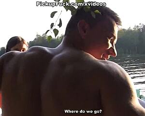 three men embark on a boat trip with a girl in scene 1