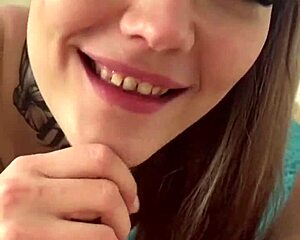 Petite brunette teen model with natural tits performs rimming and deepthroat