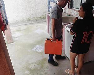 housewife pays washing machine technician with her ass while cuckold husband is out