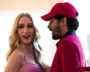 Perverted blonde teen teacher rides big cock in classroom.