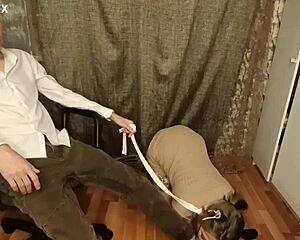 My submissive pregnant wife on a leash sucks my fingers.