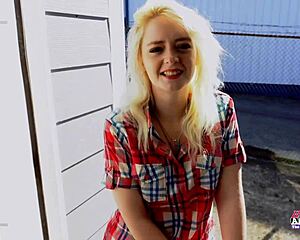 blonde cutie annie archer rubs her pussy and gets deeply pounded