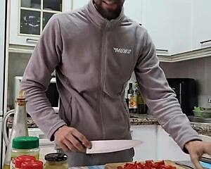 cooking tortilla turns into nude handjob cumshot on food temptation